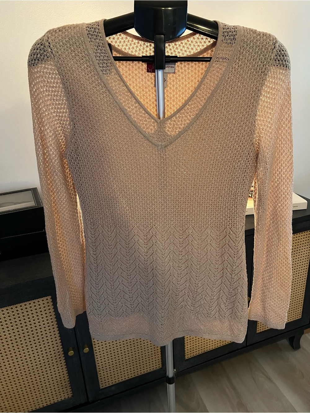 JM Collection Light gold V-Neck Open Knit Sweater